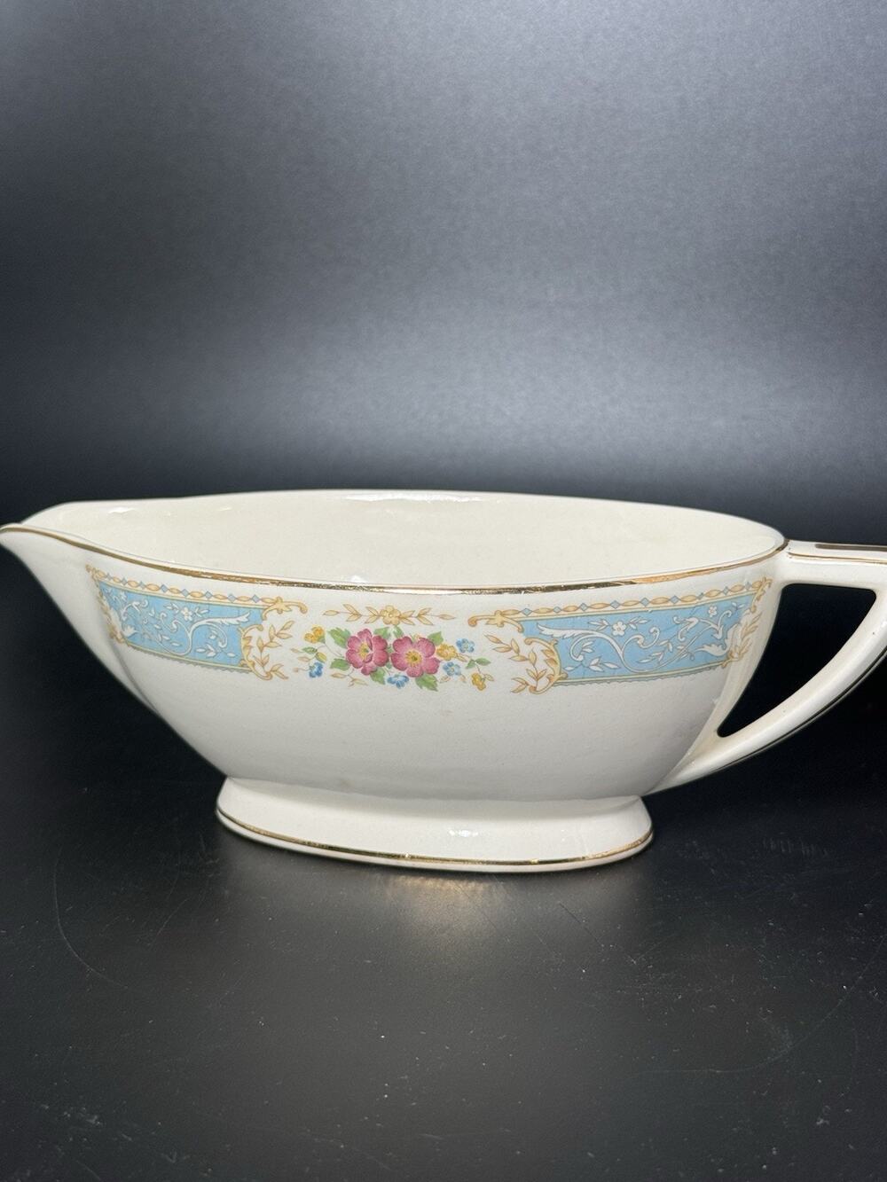 Vintage Edwin M. Knowles China U.S.A. Gravy Boat Flowers Blue Pink